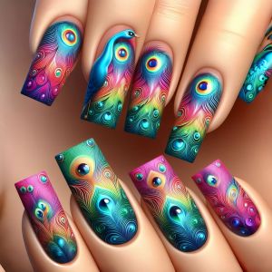 Medium fake nails for women gradient Blue purple orange Peacock Feathers Striped Clouds design Square almond tips press on nails