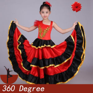 Childs Spanish Princess Ballet Folklorico Costume Belly Dance Dress Carnival Stage Performance（Included Hair accessories）