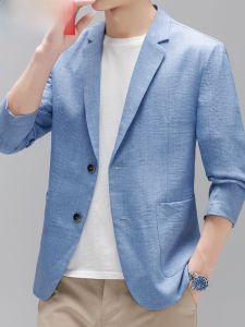 HENGYUANXIANG | Light Blue Casual Mens Suit Jacket Summer Thin Sun Protection Fashionable Polyester Fiber Standard Fit Button Decorated