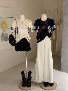 ⚡Port⚡ blouses women new style 2025 Women Loose Embroidered Short Top Trendy Round Neck Knitwear Versatile Striped Knitwear