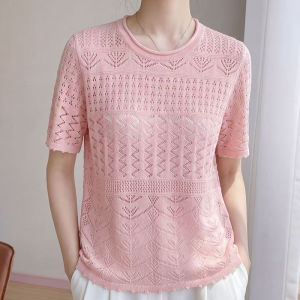 DONGYINUAN | Fashion Linen Tencel Lace Knit Short Sleeve Summer Round Neck Refreshing T-Shirt