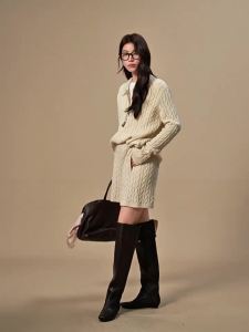 SUSHE | Polo Neck Glitter Knitted Sweater High Waist Knitted Shorts Set
