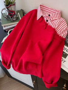 Red Elegant Unique Knitted Shirt Fake Two-Piece Asymmetrical Shoulder Rose Flower 3D Print Womens Top Korean Style Straight Cut