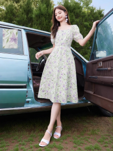 XIANGYING | Đầm Hoa Màu Tím Bằng Cotton