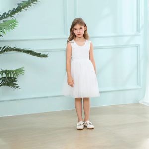 Girls Summer Wedding Party Princess Dresses White Beige O-neck Sleeveless Mesh Formal Dress Kids Performance Costume E17127-1