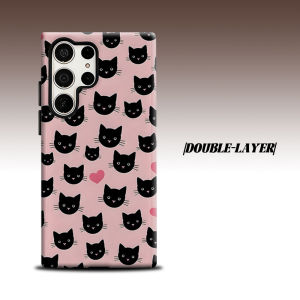 Pink Black Cat Heart For Samsung Galaxy S26 S25 S24 A56 A36 Dual Layer Luxury Fashion Full Lens Protective Case