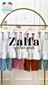 Setelan Anak Perempuan Zalva - Renda & Motif Polkadot Bahan Satin Usia 4-10 Tahun