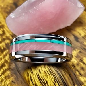 Nhẫn Nam Thép Không Gỉ 8MM Phong Cách Bohemia Với Mặt Đá Thạch Anh Hồng Độc Đáo Đánh Bóng Nhẫn Cưới Thời Trang Phù Hợp Với Mọi Người