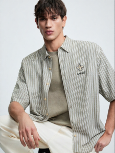 SEASON HIGH | Relaxed Point Collar Short Sleeve Shirt Striped Embroidered Stylish