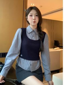 เสื้อเชิ้ตลายทางสไตล์เกาหลีไซส์ใหญ่สำหรับผู้หญิง ฤดูใบไม้ร่วง 2025 ใหม่ เสื้อเชิ้ตแขนยาวทรงเข้ารูปสำหรับใส่ไปทำงาน