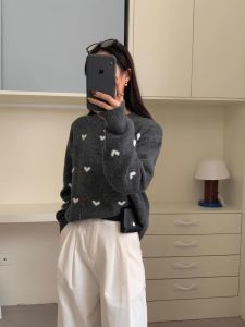 2024 Fall and Winter New Arrival Korean Style Heart round Neck Sweater Womens Lazy Pullover Loose Base Knitwear Long Sleeves Tops