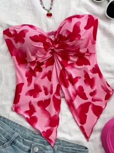Cropped Top Womens Summer Festival Butterfly Printed Tube Top