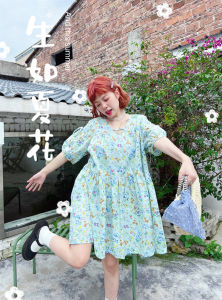 Váy Cotton Hoa Tay Bồng Mùa Hè Cho Nữ Váy Midi Dáng Rộng Cạp Cao Tay Bồng Cổ Chữ V Váy Cotton Cho Nữ