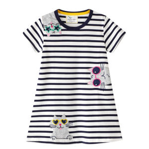 Jumping Meters Summer Princess  Short Sleeve Applique Girls Cotton Dresses for Baby Stripe Costume Hot Selling Kids Dress