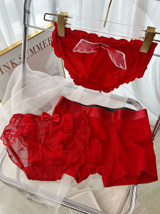 Red Underpants Couple a Set of Newborn Couple Lace Mesh Womens Underwear Good Luck for New Year Mens Cotton Boxers