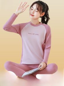 miiow | Cat Girl Teen Autumn Thermal Underwear Set Seamless Warmth Middle High School Students Long Pants Long Sleeve Cotton Fleece Top