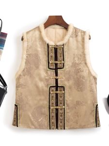 New Chinese Style Retro National Trend Button round Neck Mink Fur Embroidered Cotton Vest Womens Top Strong Warmth Index