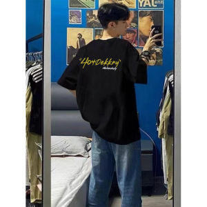 American Style Short Sleeve T-Shirt for Boys Youth Trendy Heavyweight Black Top Loose Fit Printed Cotton Summer Fashion