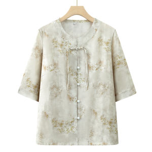 ชุดเสื้อผ้าผู้หญิงวัยกลางคนและผู้สูงอายุสไตล์จีนใหม่แขนสั้นฤดูร้อน ชุดเสื้อผ้าผู้หญิงแบบลำลอง ผ้าฝ้ายผสมโพลีเอสเตอร์