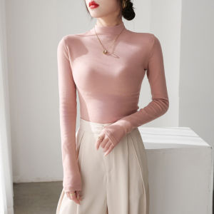 เสื้อยืดคอปกสูงแบบสวมครึ่งตัวสำหรับผู้หญิงในฤดูใบไม้ร่วงและฤดูหนาว เสื้อชั้นในแขนยาว เสื้อเชิ้ตทรงปกติ อบอุ่น แขนยาว ปกติ