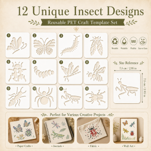 12Pcs Insect Stencils Reusable PET Painting Templates for Kids DIY Crafts Wall Wood Fabric Drawing Art