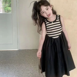 Girls Dress Summer Girls A-Line Skirt Striped Vest Patchwork Dress Sleeveless 0163