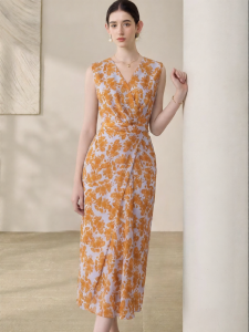 Roey s house | Romantic Vacation Style Printed Sleeveless Summer Dress V-Neck Twist Design