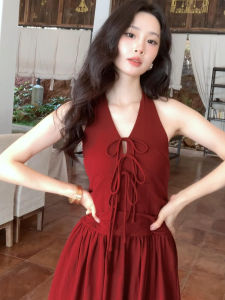 XIATIANWEIYU | Summer 2025 French Style Red V-neck Beach Vacation Dress Womens Elegant Slimming Long Hanging Neck Dress Sweet High Waist A-line Skirt
