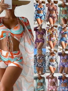 Bộ Đồ Bơi Ba Mảnh in Họa Tiết Ren Ôm Vừa Vặn Có Dây Buộc Bộ Đồ Thể Thao Thường Ngày Cho Nữ Mùa Hè 2024