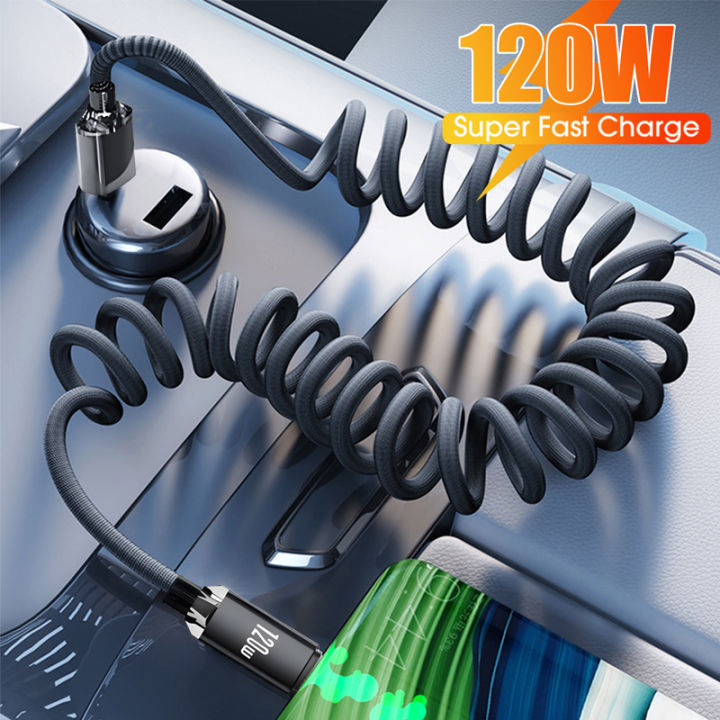 PD 120W Double Type C Spring Data Cord Fast Charging Coiled Cable Car ...