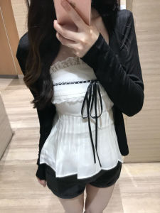 เสื้อคาร์ดิแกนแขนยาวผู้หญิงสไตล์ฝรั่งเศส Pure Desire Lace Trim Butterfly Knot เสื้อกั๊กสั้น ชุดสองชิ้น แฟชั่นฤดูใบไม้ร่วง