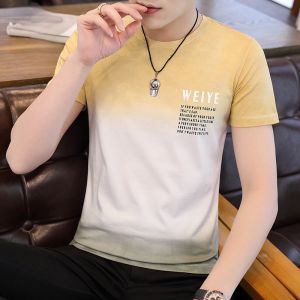 ROMON | Lomond Mens Gradient Color Short Sleeve T-Shirt Summer Thin Ice Silk Round Neck Printed Casual Half Sleeve Body T-shirt