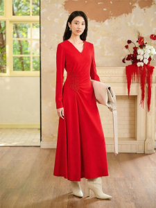 New Spring Heavily Made Ruffled Pincut Merino Wool Blend X-Type Waist-Cinching Dress