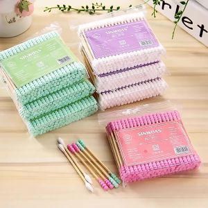 LAKOE 100pcs Cotton Swabs Pack Baby Thin Cotton Bud/Korek Kuping / Ear pick/Berwarna Ganda-Spiral Ujung Kapas