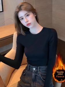 Thickened Double-Sided Fleece Black Base T-Shirt for Women Crewneck Slim Fit Creative Pure Color Winter Warm Work Clothing