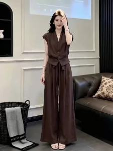 SUYE | Elegant V-Neck Sleeveless Vest and Wide Leg Pants Two-Piece Set