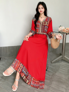 Ethnic Style Retro Loose Cotton Silk Print Patchwork Dress Long Dress Yunnan Xinjiang Tourism Vacation Skirt Photo
