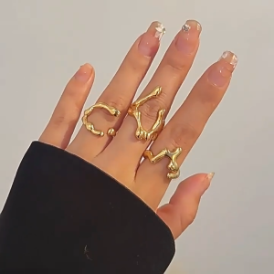 SHOPHOME Cincin Wanita Set 3 Pcs Cincin lengkung Poles Tetesan Air geometris Fashion Korea CCN04