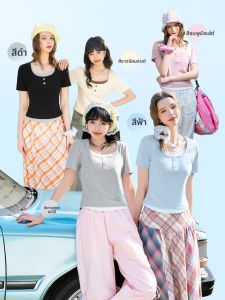 เสื้อยืดแขนสั้นฤดูร้อนสำหรับผู้หญิง Snow Flying Fake Two-Piece Shoulder Henry Shirt ทรงเข้ารูป คอกลม ผ้าฝ้ายผสมโพลีเอสเตอร์