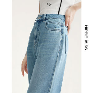 HIPPIE MISS | Boho Style Blue Straight High Waisted Stretch Cropped Wide Leg Jeans for Women