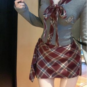 Retro Academic Style Casual Fashion Set Womens Autumn New Slim Checkered Top High Waist Mini Skirt Two Piece Set