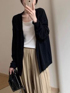Basic Wool Early Autumn Open Cardigan Mid-Length Thin Slimming Loose Knitted Outerwear Korean Style Commute Long Sleeve V-Neck