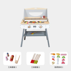 Agox Wooden Kitchen Toy BBQ Grill Simulation Cooking Playset for Children Girls Role Play Gift Toy for Ages 3 And up
