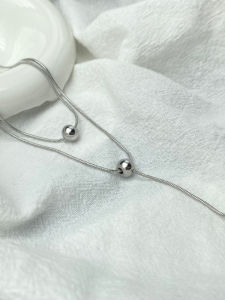 Simple Silver Beaded Titanium Steel Pull out Necklace Women Autumn Winter Layering Non Fading round Ball Sweater Chain Clavicle Chain Accessory