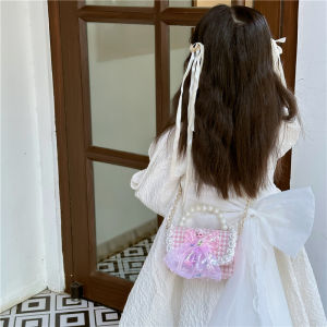 กระเป๋าสะพายข้างผ้าไนลอนสีชมพูแฟชั่นสำหรับเด็ก กระเป๋าถือทรงกลมประดับลูกปัด กระเป๋าสะพายไหล่โซ่สำหรับเด็กผู้หญิง กระเป๋าสะพายข้างแบบลำลอง