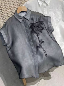 French Heavy Embroidery Short Sleeve Grey Business Casual Sense Luxury Women Shirt Spring Summer New Styles Loose Fit Regular Length