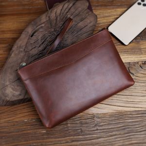 Top Layer Cowhide Leather Mens Fashion Handbag Vintage Style Envelope Clutch Bag Casual Handheld Bag Real Leather Handbag