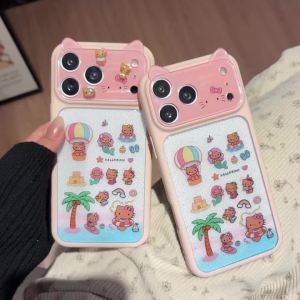 Sanrio | Cute 3D Cat Ears Beach Hello Kittty Lens Protection Phone Case For iPhone 17 Pro Max 16 15 Pro Max Shockproof Hard Acrylic Cover