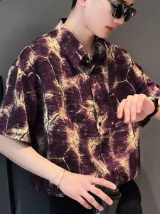 Summer 2025 Mens Fashion Brand Tie Dye Print Collared Short Sleeve Casual Shirt Breathable Loose Fit Youth Style Floral Pattern