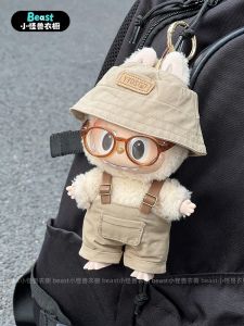 Cool Black Fisherman Hat Overalls Labubu Doll Clothes Third Generation Trendy Clothing Hanging Ornament for Dolls
